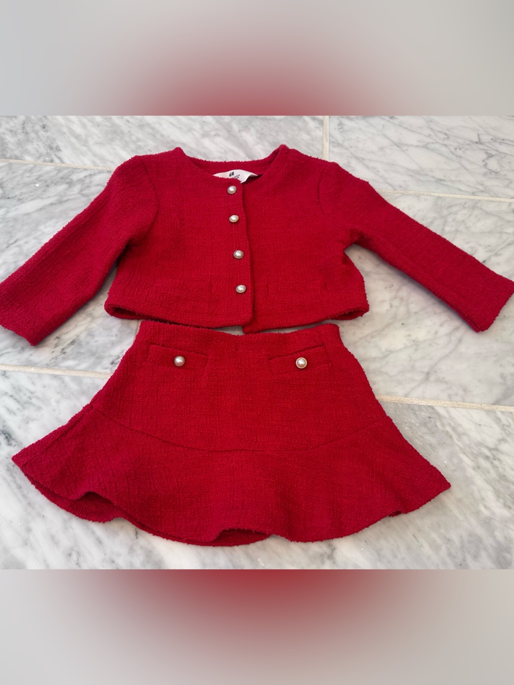 H&M Red Knit Cardigan and Matching Skirt Set